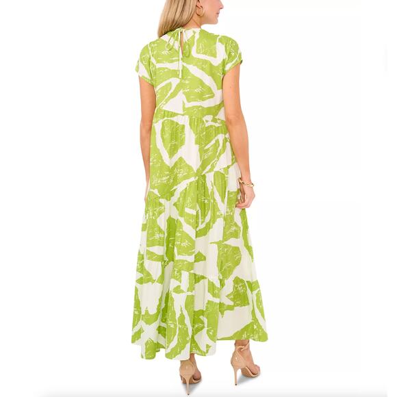 1. STATE Tiered Cotton Poplin Maxi Dress Green White Abstract Leaf Sz S {P34} - Picture 2 of 8